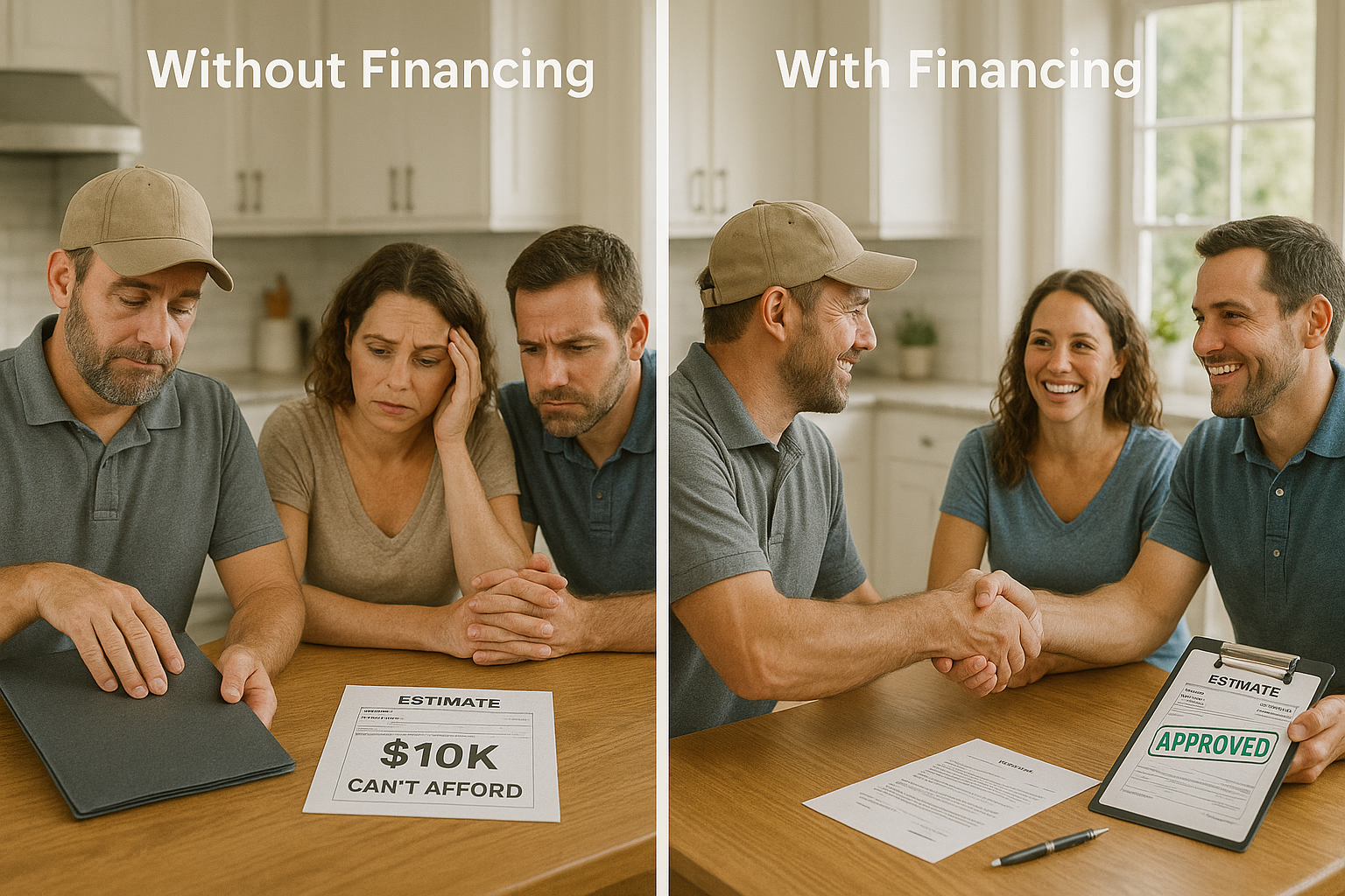 split screen left side can't afford with depressed couple. Right side "approved" with funding