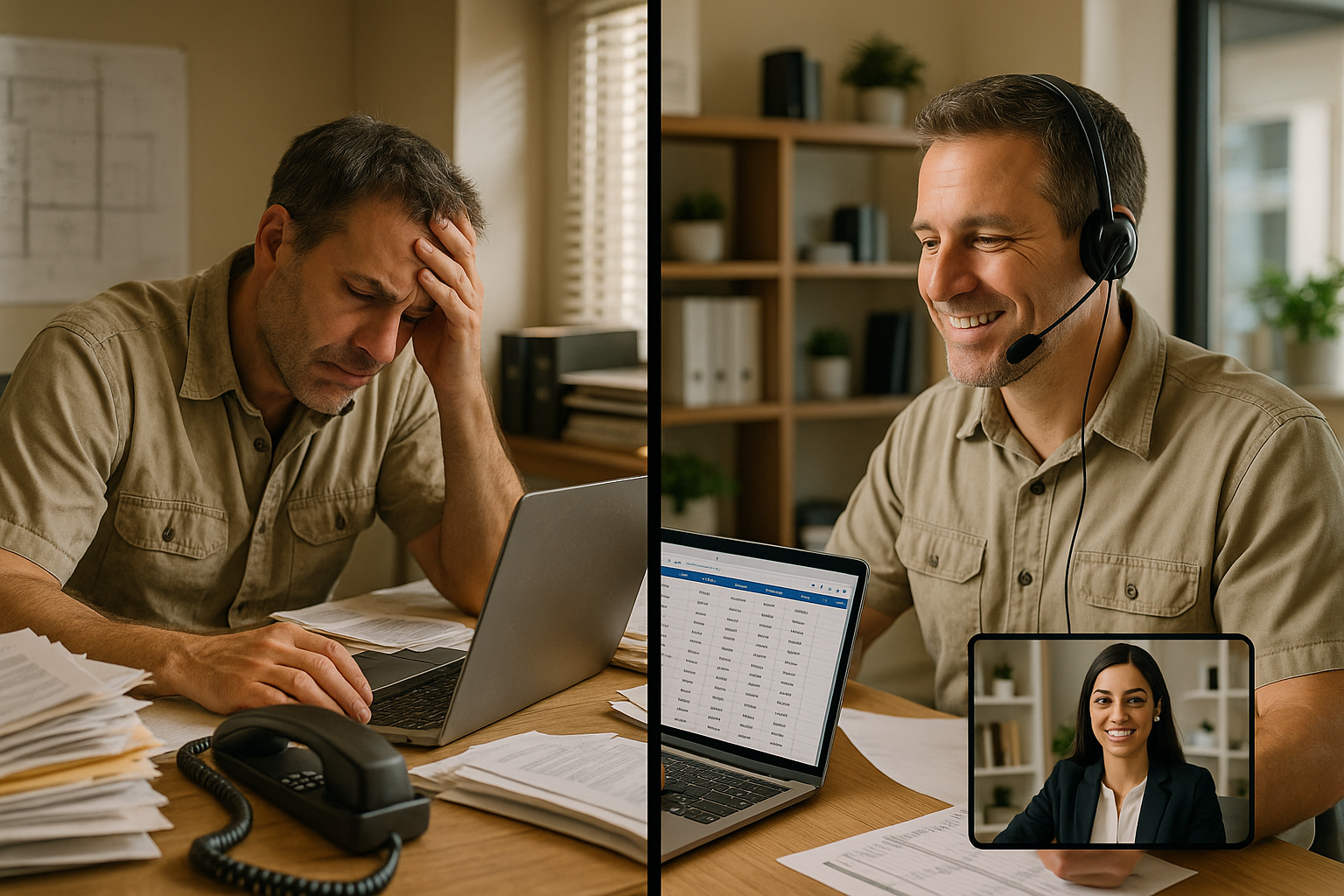 Side-by-side image showing a contractor overwhelmed by paperwork versus the same contractor relaxed and organized with help from a remote offshore assistant.