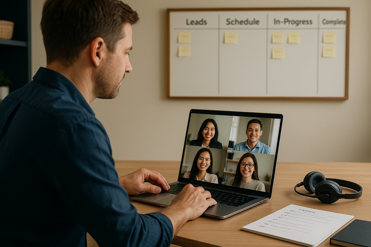“Contractor coordinating with an offshore team on a video call; scheduling board and organized tools in the background.”