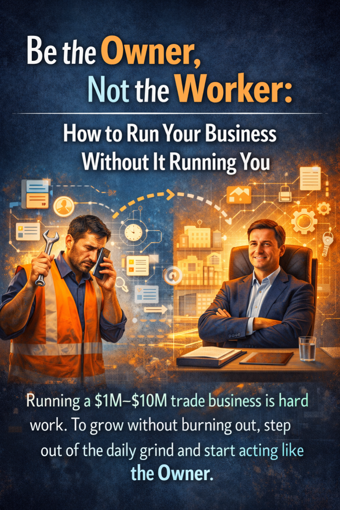 Image of a worker in the field stressed out and then him in a suite behind a desk happy as his business grew