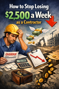 Overwhelmed contractor. Money with wings flying away and money falling through cracks. How to stop losing 2500 dollars a week
