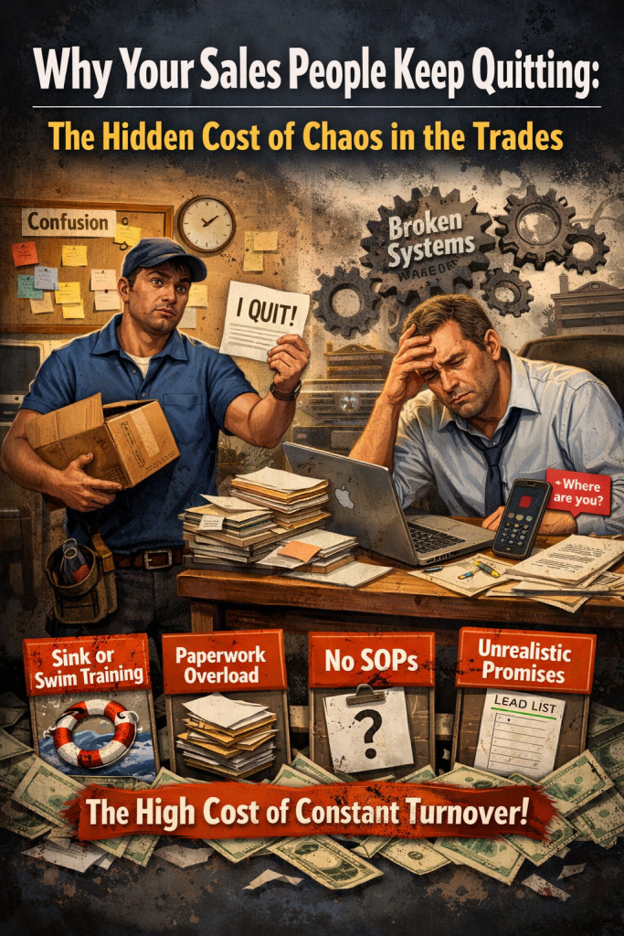 A frustrated contractor and quitting salesperson reveal how broken systems, poor onboarding, and chaotic processes drive sales turnover in the trades.