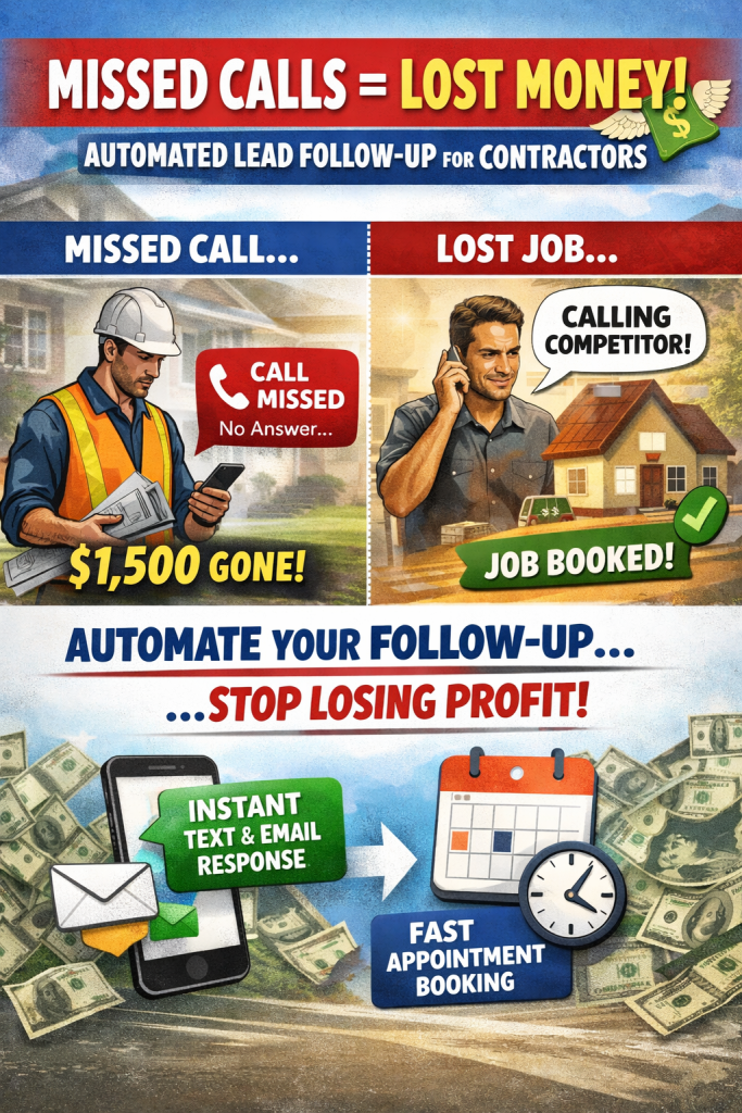 Graphic showing how missed phone calls cause contractors and roofers to lose jobs and revenue, compared with automated lead follow-up that sends instant text and email responses and books appointments.