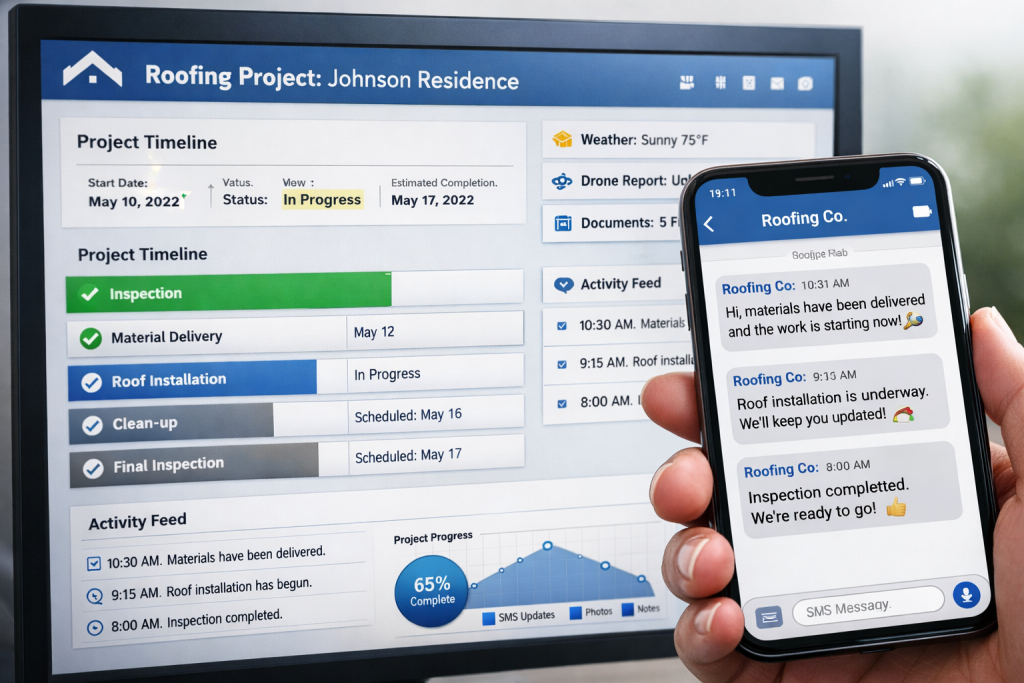 AI roofing software dashboard showing a roofing project timeline with inspection, material delivery, and roof installation status, alongside automated SMS text updates sent to a homeowner’s smartphone.