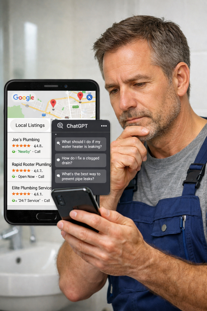 Professional plumber reviewing local Google Maps listings and AI plumbing questions on a smartphone while standing in a clean bathroom, illustrating how GEO and AI search impact local plumber visibility.