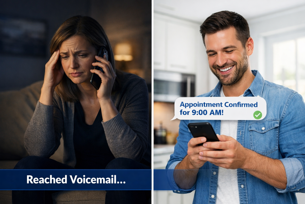 Split-screen comparison image for a roofing and plumbing business: on the left, a frustrated homeowner in a dim room holds a phone after reaching voicemail; on the right, a happy homeowner in a bright kitchen smiles at a smartphone showing a text message that reads “Appointment Confirmed for 9:00 AM.