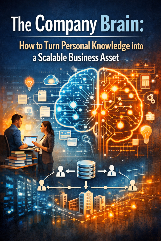 Image that has a brain the words "the company Brain: How to turn business knowledge into scalable business assets.