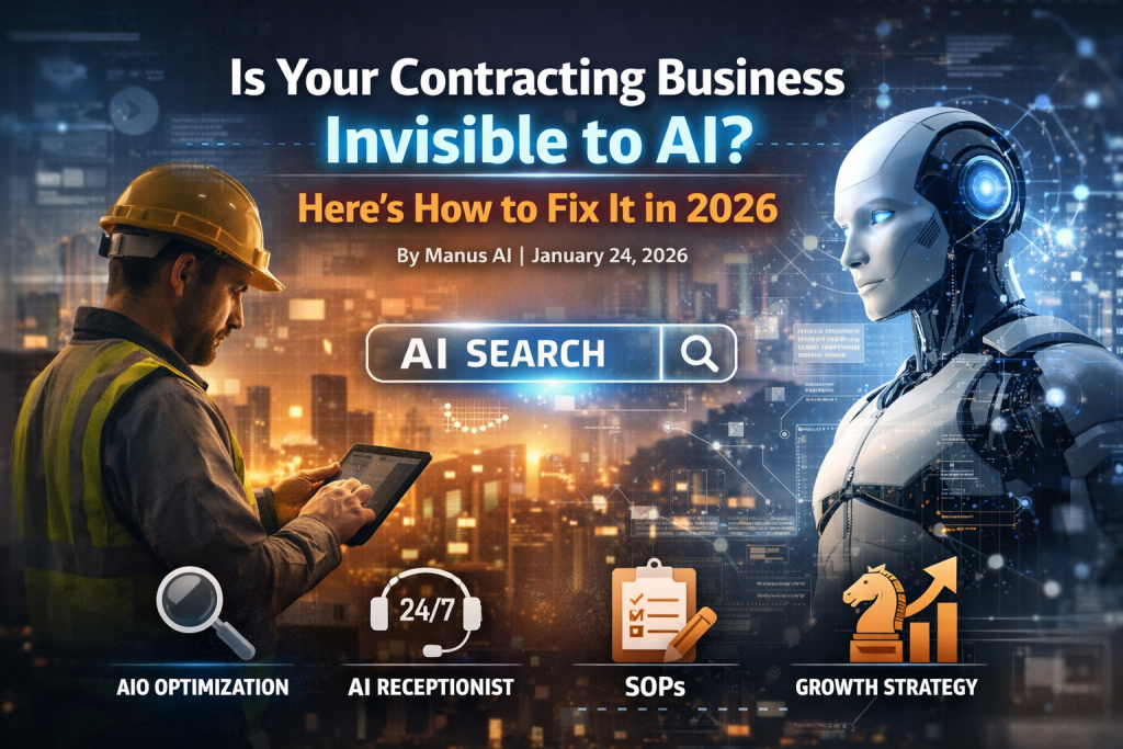 Contractor wearing a hard hat uses a tablet while facing an AI interface, illustrating how contracting businesses can improve AI search visibility and lead generation in 2026.