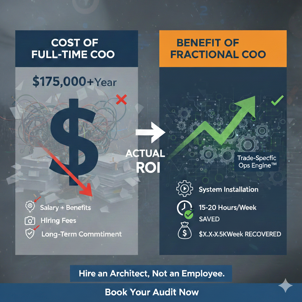 Infographic comparing the high cost of a full-time COO versus the high ROI and savings of a Fractional COO.