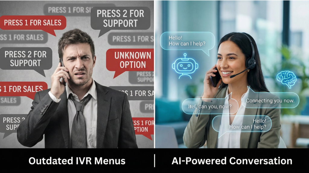 Split screen comparison showing frustrated businessman with confusing IVR phone menu options versus satisfied professional using AI-powered conversational voice agent