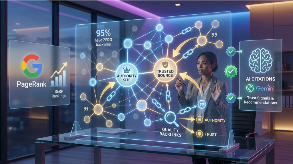 Professional business analyst examining holographic network visualization showing interconnected website nodes with backlinks represented by glowing blue and gold connection lines with Google PageRank on left and AI citations with Gemini logo and trust badges on right displaying authority and quality backlinks concepts
