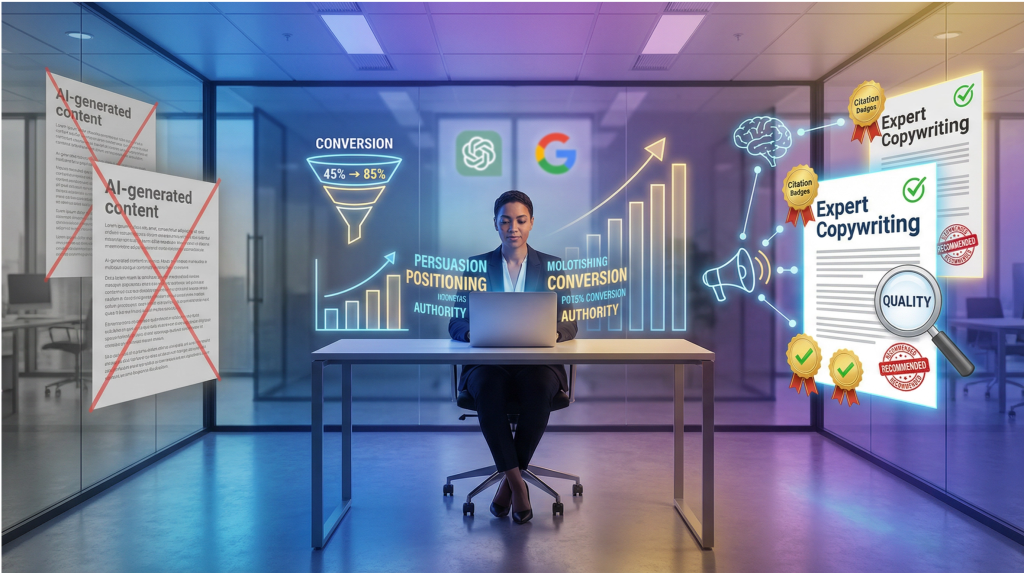 Professional business person at desk with holographic copywriting elements showing conversion funnel growth graphs AI brain analyzing text with rejected AI-generated content on left and expert copywriting with citation badges and quality stamps on right