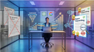 Professional business person at desk with holographic copywriting elements showing conversion funnel growth graphs AI brain analyzing text with rejected AI-generated content on left and expert copywriting with citation badges and quality stamps on right