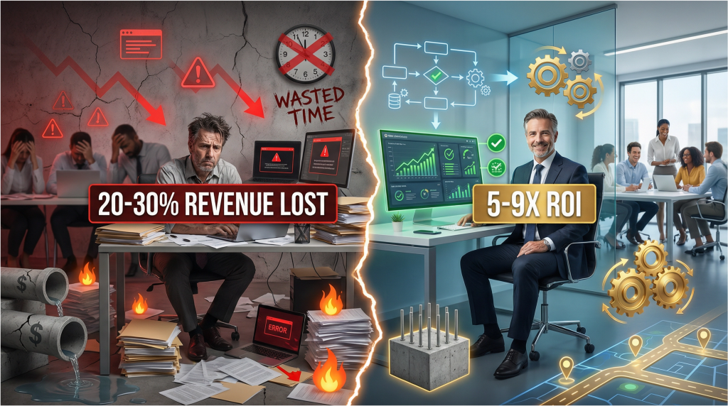 Split screen comparison showing stressed business owner at chaotic desk with scattered papers error messages and downward graphs labeled 20-30% revenue lost versus confident business owner at organized desk with digital dashboard showing upward metrics and collaborative team labeled 5-9X ROI illustrating operational inefficiency versus operational excellence