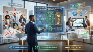 Business professional presenting holographic sales standard operating procedures documentation with step-by-step process flowcharts showing before SOPs with confused sales team and inconsistent results versus after SOPs with organized team upward growth charts and repeatable success displaying 40% fewer errors and 50% faster onboarding statistics