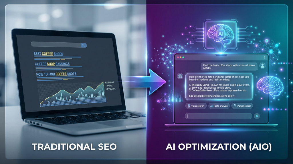 Split screen comparison showing traditional SEO with laptop displaying keyword rankings and search results versus modern AI optimization with neural network brain and conversational AI chatbot interface providing direct answers