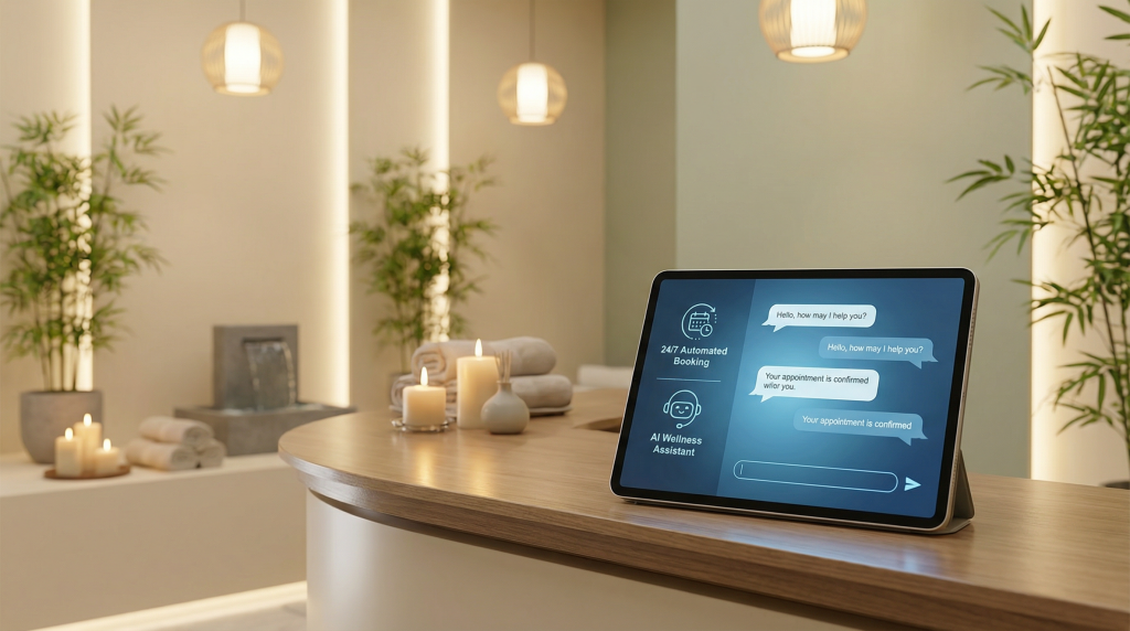 AI receptionist technology for spa businesses displaying automated booking system with chat interface in serene wellness center reception area
