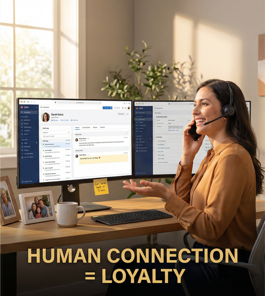 Professional sales representative with headset smiling during phone call at modern desk with dual monitors displaying CRM customer details and notes yellow sticky note saying call Sarah back in 5 minutes family photo coffee cup and warm natural lighting with HUMAN CONNECTION EQUALS LOYALTY text overlay illustrating authentic human touch in sales and customer service