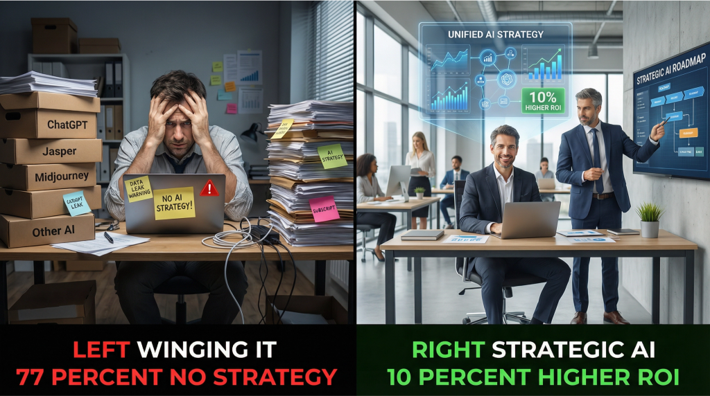 Split screen business comparison showing stressed small business owner at cluttered desk surrounded by disconnected AI tool boxes ChatGPT Jasper Midjourney with no AI strategy sticky note data leak warning on laptop representing 77 percent winging it versus confident business owner at organized desk with professional CAIO advisor presenting holographic unified AI strategy dashboard showing 10 percent higher ROI metric interconnected systems bright collaborative office representing strategic AI implementation with fractional Chief AI Officer