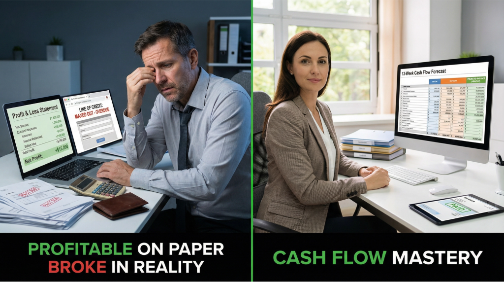 Split screen comparison showing stressed contractor at desk with profit and loss statement showing positive margins but maxed out line of credit overdue bills empty wallet and worried expression labeled profitable on paper broke in reality versus confident contractor with 13-week cash flow forecast spreadsheet on monitor healthy bank balance organized invoices and calm professional atmosphere labeled cash flow mastery illustrating contractor cash flow crisis versus solution