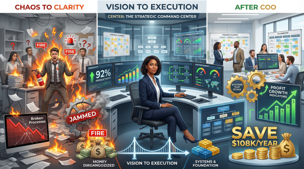 Split screen business transformation showing stressed CEO surrounded by fires broken processes and burning money bags on chaotic left side versus confident COO at strategic command center with operations dashboards 92% team productivity metrics in center and organized team with systems that scale profit growth indicators and save $108K per year callout on successful right side illustrating fractional COO value and operational excellence