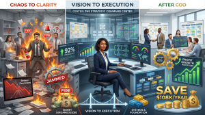 Split screen business transformation showing stressed CEO surrounded by fires broken processes and burning money bags on chaotic left side versus confident COO at strategic command center with operations dashboards 92% team productivity metrics in center and organized team with systems that scale profit growth indicators and save $108K per year callout on successful right side illustrating fractional COO value and operational excellence