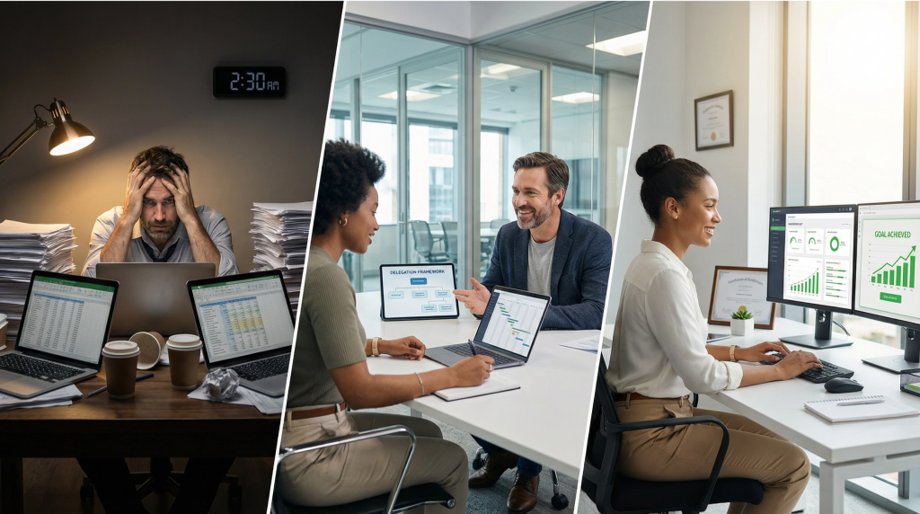 Photorealistic three-panel business transformation showing overwhelmed exhausted business owner at cluttered desk at 2:30 AM surrounded by papers and multiple laptops on left, collaborative delegation meeting between smiling business owner and engaged team member reviewing delegation framework on tablet in bright modern office in center, and confident empowered team member at organized desk with dual monitors displaying goal achieved and upward growth charts on right illustrating journey from burnout to successful delegation