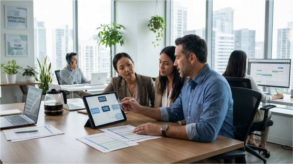 Diverse business team working collaboratively in modern office with natural lighting. Experienced consultant in professional attire pointing at tablet displaying workflow diagrams while working alongside business owners at conference table covered with operational documents and business metrics. Team members visible in background handling customer calls and scheduling software