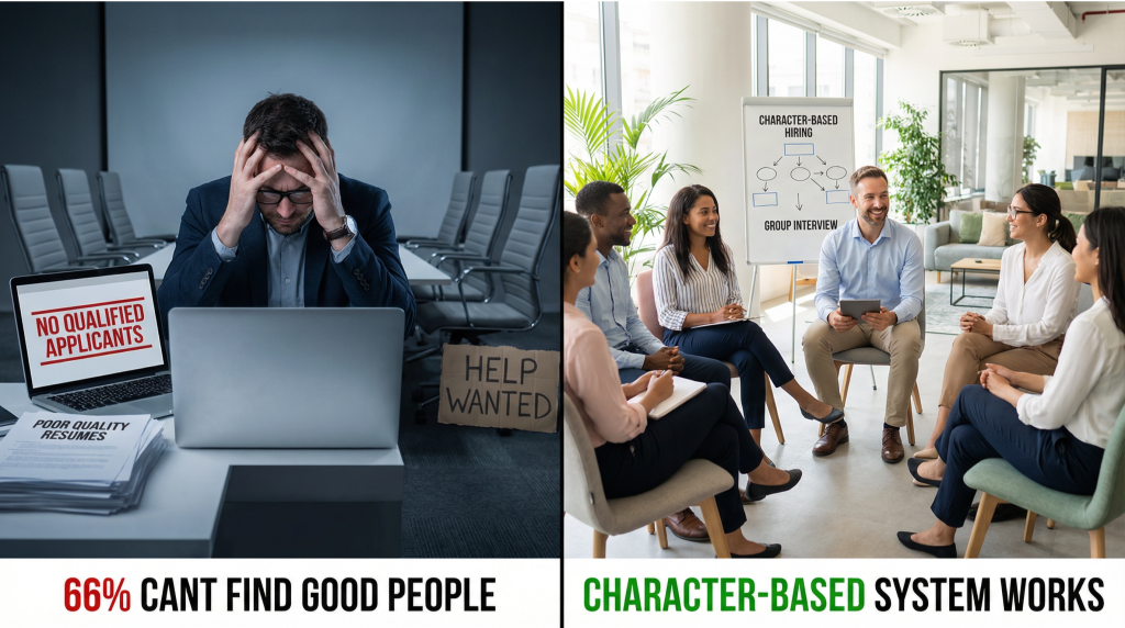 Split screen hiring comparison showing frustrated business owner at desk with empty chairs poor quality resumes laptop displaying no qualified applicants and help wanted sign in dark stressed office labeled 66% cant find good people versus successful group interview with diverse engaged candidates sitting in circle with hiring manager facilitating team exercise whiteboard showing character-based hiring and group interview in bright collaborative modern office labeled character-based system works