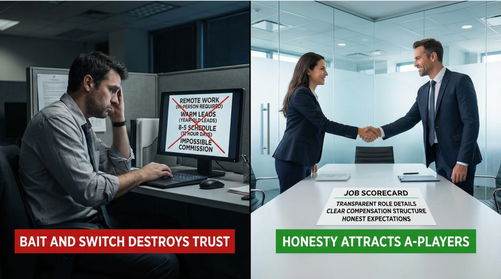 Split screen comparison showing frustrated job candidate at desk viewing laptop with misleading job posting displaying crossed out promises remote work warm leads 8-5 schedule with reality notes in-person required 12-hour days year-old leads impossible commission in dark office labeled bait and switch destroys trust versus confident candidate shaking hands with honest employer in bright office with job scorecard document showing transparent role details clear compensation honest expectations labeled honesty attracts A-players illustrating dishonest versus honest hiring practices