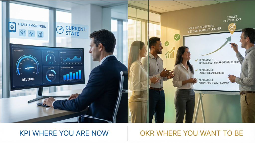 Professional split-screen business image showing KPI concept on left with businessman at desk viewing digital dashboard displaying real-time performance metrics including revenue speedometer gauge churn rate and customer satisfaction graphs with health monitors icon and current state label in blue tones versus OKR concept on right with diverse business team collaborating around whiteboard showing inspiring objective become market leader with target destination icon upward growth arrow and three key results increase user base from 100K to 500K launch 3 new products achieve 95% team alignment in warm gold and green tones with bottom text KPI WHERE YOU ARE NOW versus OKR WHERE YOU WANT TO BE
