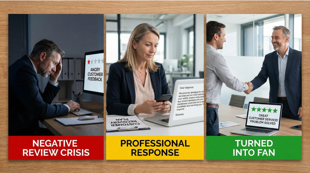 Three-panel business transformation showing stressed business owner at desk viewing 1-star angry customer feedback on computer in dark office labeled negative review crisis, professional businesswoman on phone with empathetic expression typing sincere apology response with customer recovery plan notepad labeled professional response, and happy customer shaking hands with smiling business owner with laptop showing updated 5-star review great customer service problem solved labeled turned into fan illustrating negative review management and customer recovery process