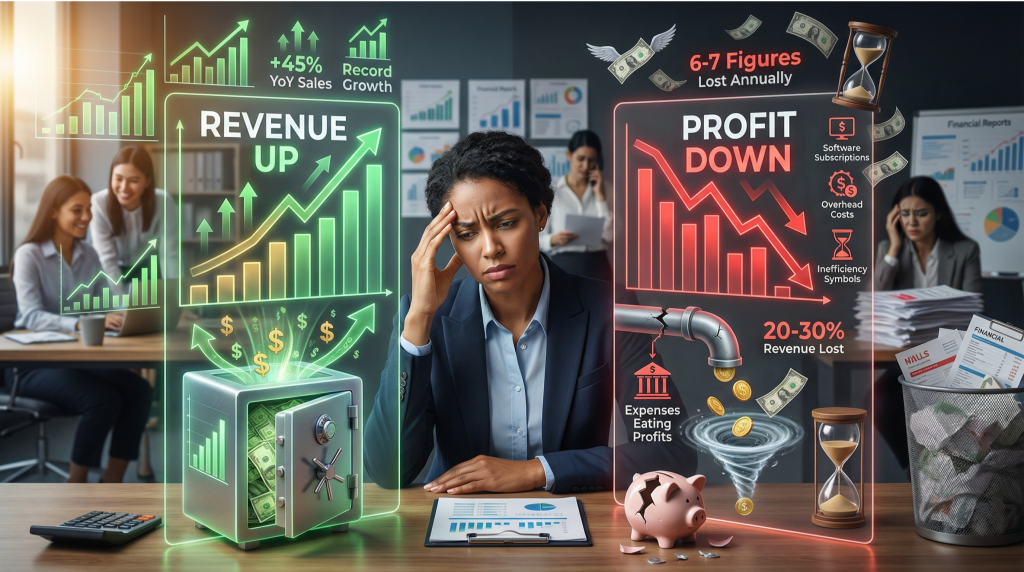 Frustrated business owner at desk viewing split screen financial displays showing revenue up with green growth charts and dollar signs versus profit down with red declining graphs money draining through pipes broken piggy bank and expense icons illustrating hidden costs reducing net profit with text overlays 6-7 figures lost annually and 20-30% revenue lost