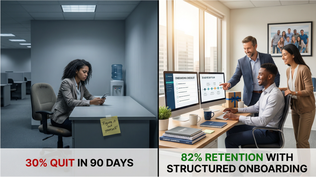 Split screen comparison showing poor onboarding with isolated confused new employee sitting alone at empty desk with figure it out yourself sticky note in cold dark office labeled 30% quit in 90 days versus successful structured onboarding with smiling new hire at organized desk with supportive manager and buddy mentor reviewing onboarding checklist and 30-60-90 day plan on computer screens with welcome materials team photo and coffee in warm bright collaborative office labeled 82% retention with structured onboarding