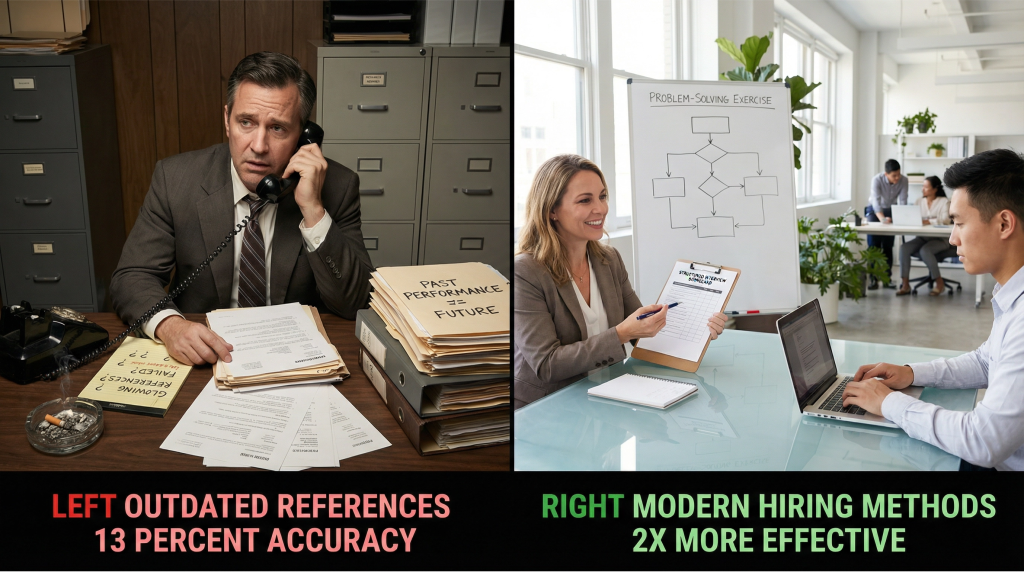 Split screen business hiring comparison showing frustrated manager on rotary phone making reference call at cluttered desk with filing cabinets sticky notes saying glowing references but failed and past performance does not predict future in dim outdated office labeled outdated references 13 percent accuracy versus confident hiring manager conducting structured interview with candidate doing work sample test on laptop with whiteboard showing problem-solving exercise and evaluation scorecard in bright modern office labeled modern hiring methods 2X more effective