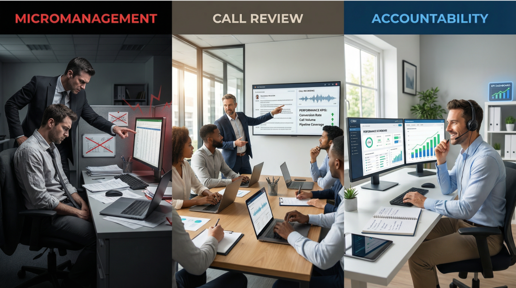 Photorealistic three-panel business image showing stressed sales rep with hovering micromanaging boss in dark office on left, professional sales manager conducting collaborative call review meeting with engaged team viewing performance KPIs and call recording transcript in center, and confident motivated sales rep with headset at organized desk with multiple monitors displaying upward trending performance dashboards on right illustrating transformation from micromanagement to accountability culture