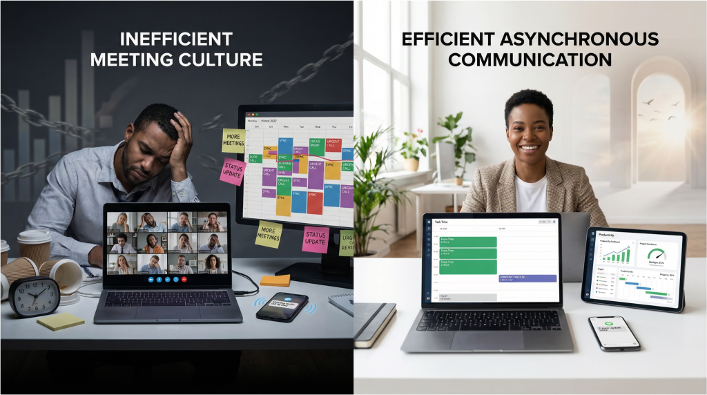 Photorealistic split-screen business comparison showing exhausted professional at dark desk with laptop displaying grid of 12 Zoom meeting windows and calendar completely filled with back-to-back colored meeting blocks labeled MORE MEETINGS STATUS UPDATE URGENT SYNC with multiple coffee cups and clock showing late evening under INEFFICIENT MEETING CULTURE header versus energized smiling professional at bright organized desk with laptop showing clean calendar with large green FOCUS TIME blocks and single strategic meeting with productivity dashboard showing upward growth metrics under EFFICIENT ASYNCHRONOUS COMMUNICATION header illustrating meeting fatigue versus productive async work culture