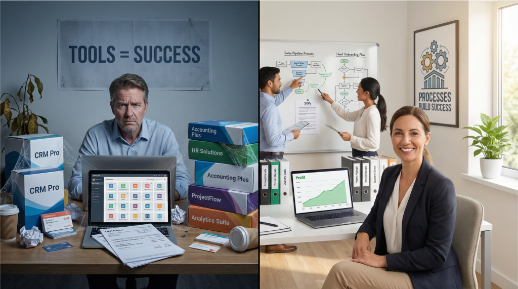 Photorealistic split-screen business comparison showing frustrated business owner at cluttered desk with unused software boxes including CRM Pro HR Solutions Accounting Plus and ProjectFlow with credit card statements and complex unused dashboards under TOOLS EQUALS SUCCESS sign on left versus confident smiling business owner at organized desk with team collaborating on sales pipeline and client onboarding process flowcharts on whiteboard showing upward profit growth graph under PROCESSES BUILD SUCCESS poster on right illustrating shiny object trap versus process-first success