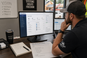 Contractor reviewing CRM dashboard and standard operating procedures to manage jobs, leads, and workflows, illustrating a centralized operating system for scaling a service business