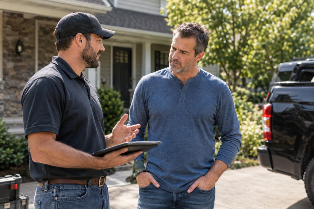 Contractor discussing a home improvement estimate with a homeowner in a residential driveway using a tablet.