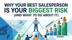 Blog graphic titled "WHY YOUR BEST SALESPERSON IS YOUR BIGGEST RISK (AND WHAT TO DO ABOUT IT)" featuring an illustration of a salesperson standing on a central peak holding up a line graph labeled "DEPENDENCY" that connects to rising revenue bar charts with money bags.