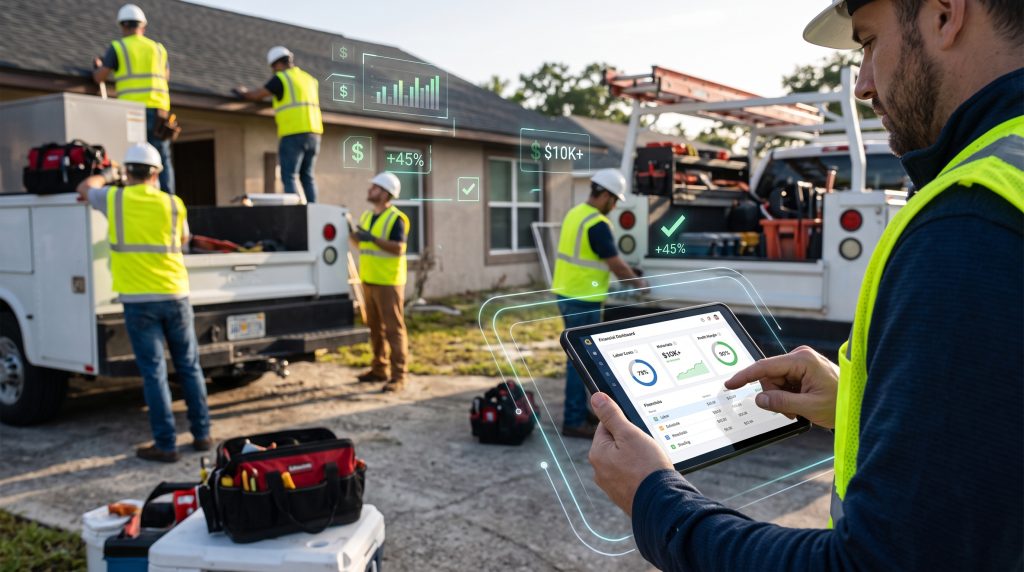 A service business owner in a high-visibility vest holding a tablet with a job costing dashboard, while trade contractors work on a residential job site in the background with floating digital profit and analytics overlays.
