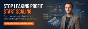Professional business banner background featuring a male executive next to digital operations dashboards, analytical growth charts, workflow diagrams, and a local SEO map interface on a dark modern background.